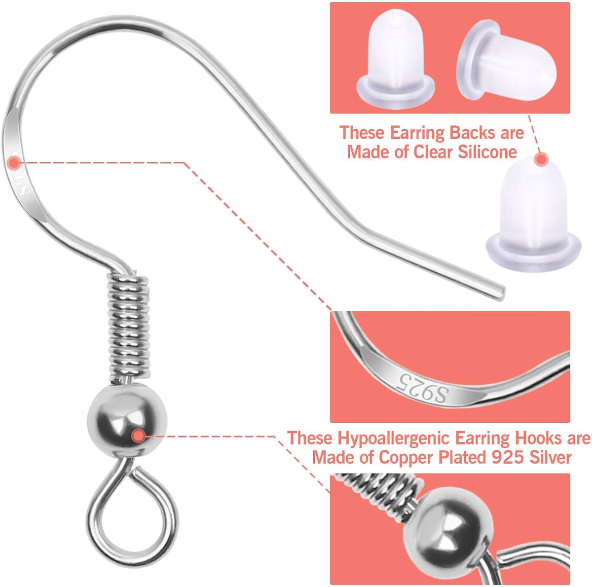 600Pcs Earring Making Kit with Hypoallergenic Hooks, Jump Rings, & Rubber Backs (Silver)