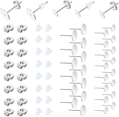 450PCS Earring Posts Stainless Steel Flat Pad,Hypoallergenic Stud Earrings with Butterfly and Rubber Bullet Earring Backs for Jewelry DIY Making Findings (Silver) (Silver)