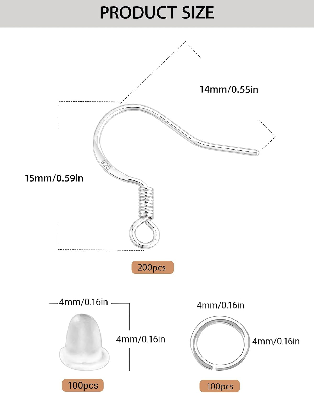 200 PCS/100 Pairs 925 Sterling Silver Plated Earring Hooks Hypoallergenic Silver Ear Wires Fish Hooks with 100 PCS Clear Silicone Earring Backs and 100 PCS Jump Rings for DIY Jewelry Making