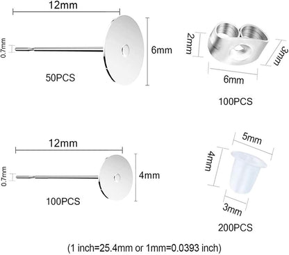 450PCS Earring Posts Stainless Steel Flat Pad,Hypoallergenic Stud Earrings with Butterfly and Rubber Bullet Earring Backs for Jewelry DIY Making Findings (Silver) (Silver)