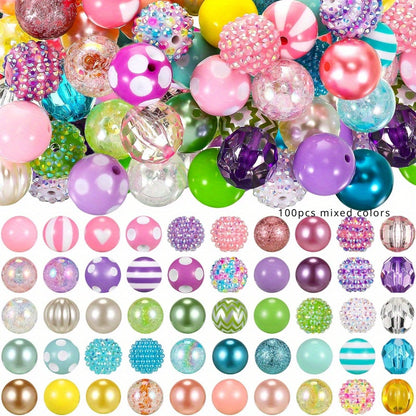 100pcs 20mm Beads for Pens Rhinestone Bubblegum Beads Mixed Crystal Resin Sugar Chunky for Pens Beadable Keychains DIY Craft Pen Jewelry Making Supplies