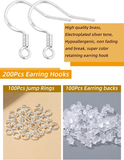 200 PCS/100 Pairs 925 Sterling Silver Plated Earring Hooks Hypoallergenic Silver Ear Wires Fish Hooks with 100 PCS Clear Silicone Earring Backs and 100 PCS Jump Rings for DIY Jewelry Making