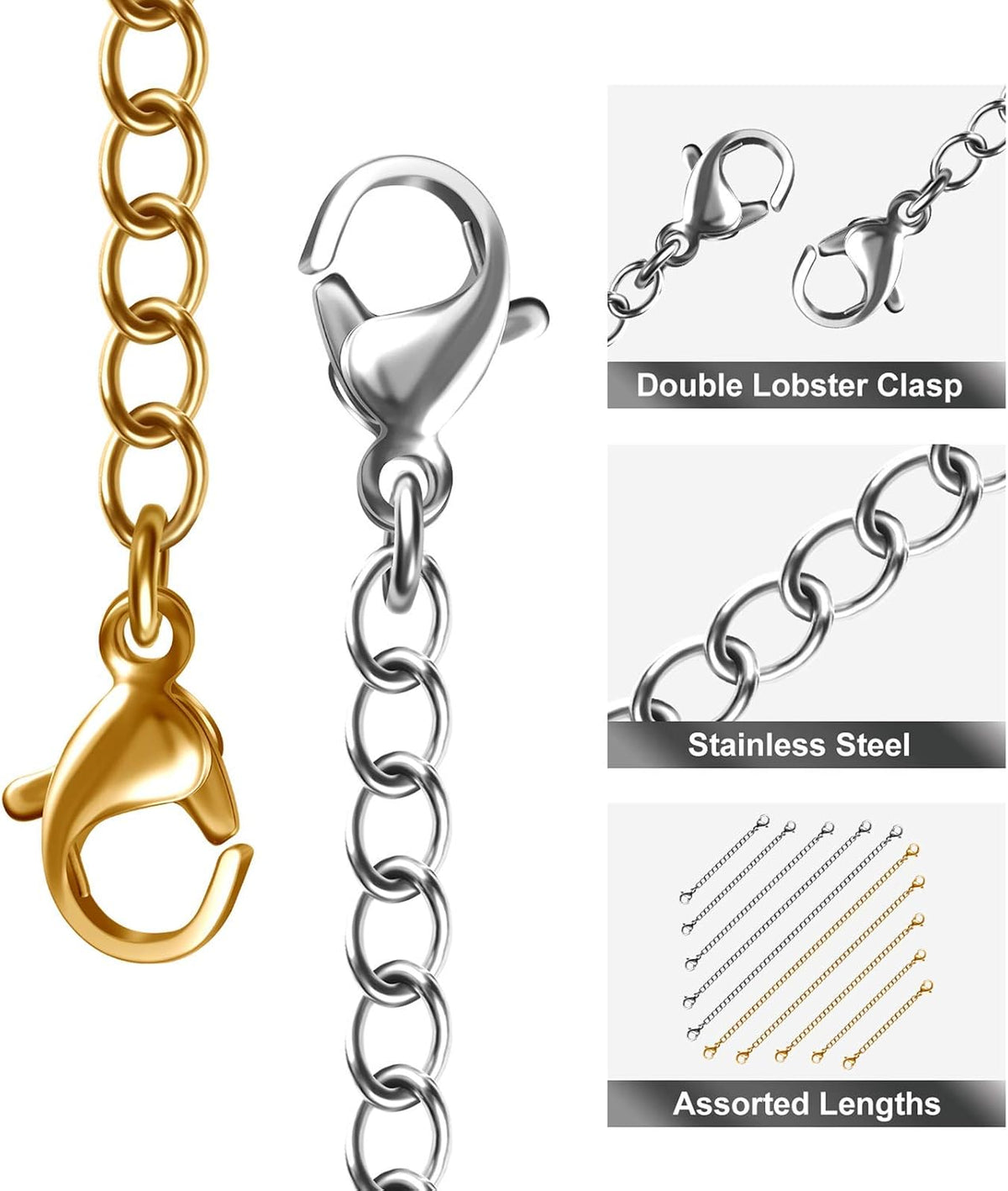Necklace Extenders, 10 Pcs Stainless Steel Bracelet Anklet Extension Chains