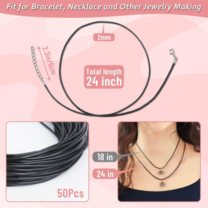 50Pcs Black Waxed Cotton Cord, 24 Inch Necklace String Rope with Clasp, Bulk for Charms, Pendants, Bracelets, Jewelry Making Supplies and Beading Supplies