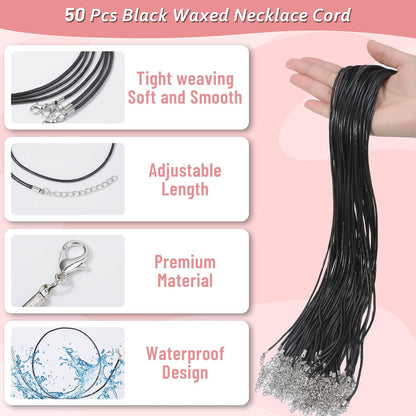 50Pcs Black Waxed Cotton Cord, 24 Inch Necklace String Rope with Clasp, Bulk for Charms, Pendants, Bracelets, Jewelry Making Supplies and Beading Supplies