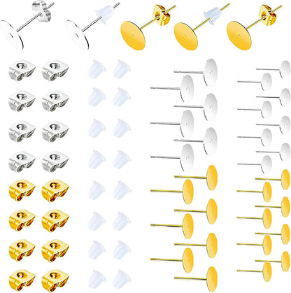 450PCS Earring Posts Stainless Steel Flat Pad,Hypoallergenic Stud Earrings with Butterfly and Rubber Bullet Earring Backs for Jewelry DIY Making Findings (Silver) (Silver)