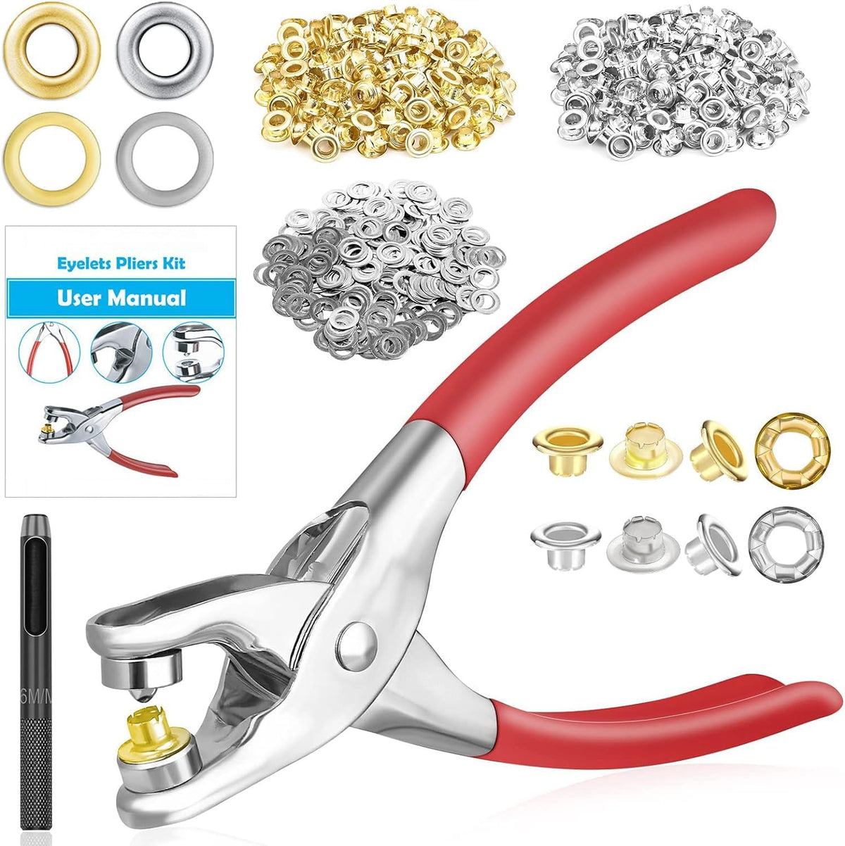 803Pcs Grommet Eyelet Pliers Kit, 1/4 Inch Grommet Tool Kit with 800 Metal Eyelets, Grommet Hand Press kit for Leather Crafts(Inside Dia: 6.4mm/Outer Dia: 12mm (A.I.S.)/Flange Width: ~3mm)