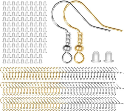 925 Sterling Silver Earring Hooks 120 PCS/60 Pairs, Ear Wires Fish Hooks, Hypo-allergenic Jewelry Findings Parts with 120 PCS Clear Silicone Earring Backs