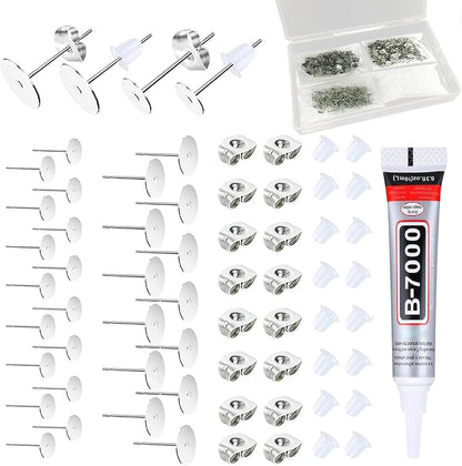 450PCS Earring Posts Stainless Steel Flat Pad,Hypoallergenic Stud Earrings with Butterfly and Rubber Bullet Earring Backs for Jewelry DIY Making Findings (Silver) (Silver)