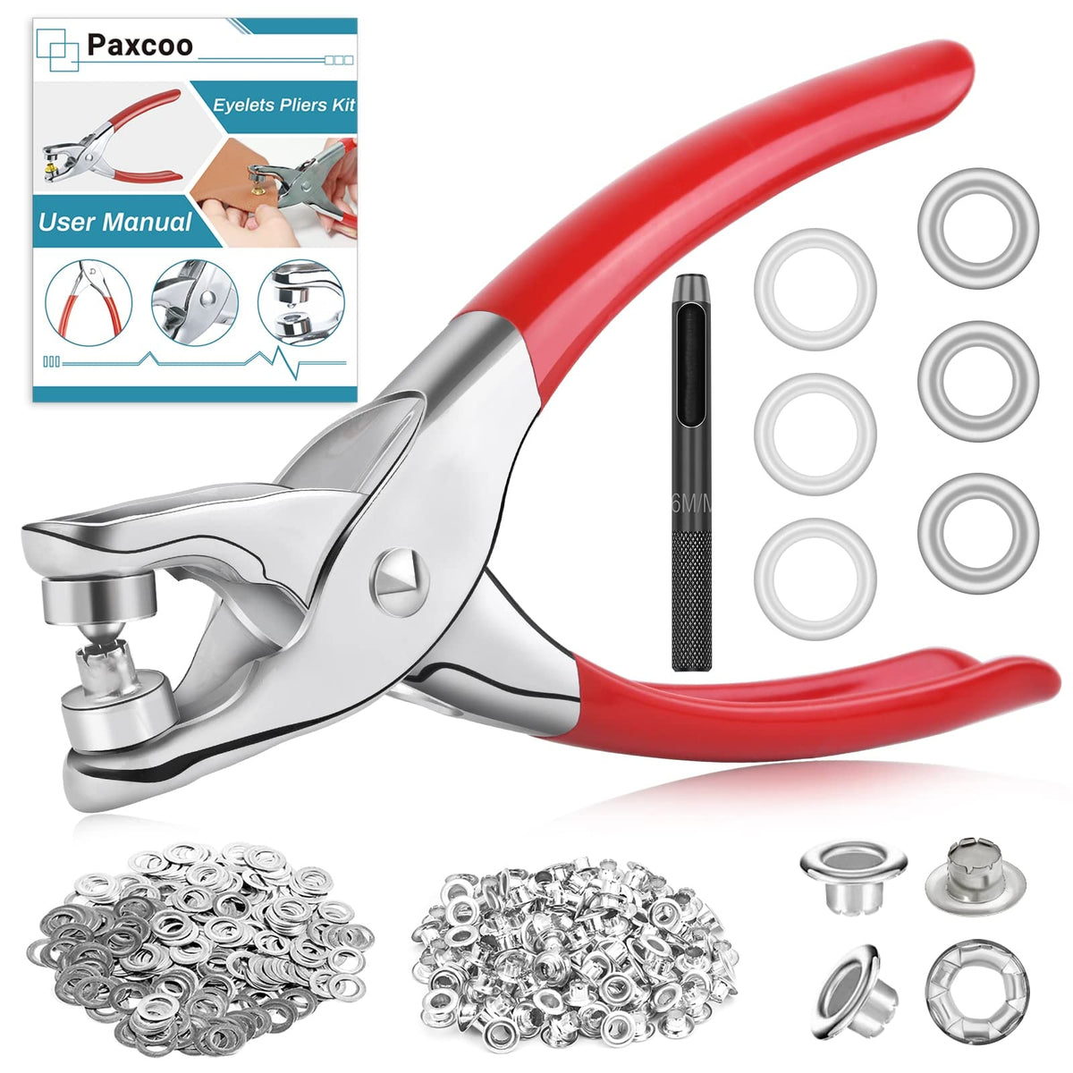 803Pcs Grommet Eyelet Pliers Kit, 1/4 Inch Grommet Tool Kit with 800 Metal Eyelets, Grommet Hand Press kit for Leather Crafts(Inside Dia: 6.4mm/Outer Dia: 12mm (A.I.S.)/Flange Width: ~3mm)