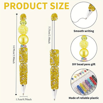 10pcs Glitter Beadable Pen Full Rhinestone Plastic Bead Ballpoint Pen Multicolor Fun Bling Retractable Beaded Writing Pen for DIY Craft Office Supplies