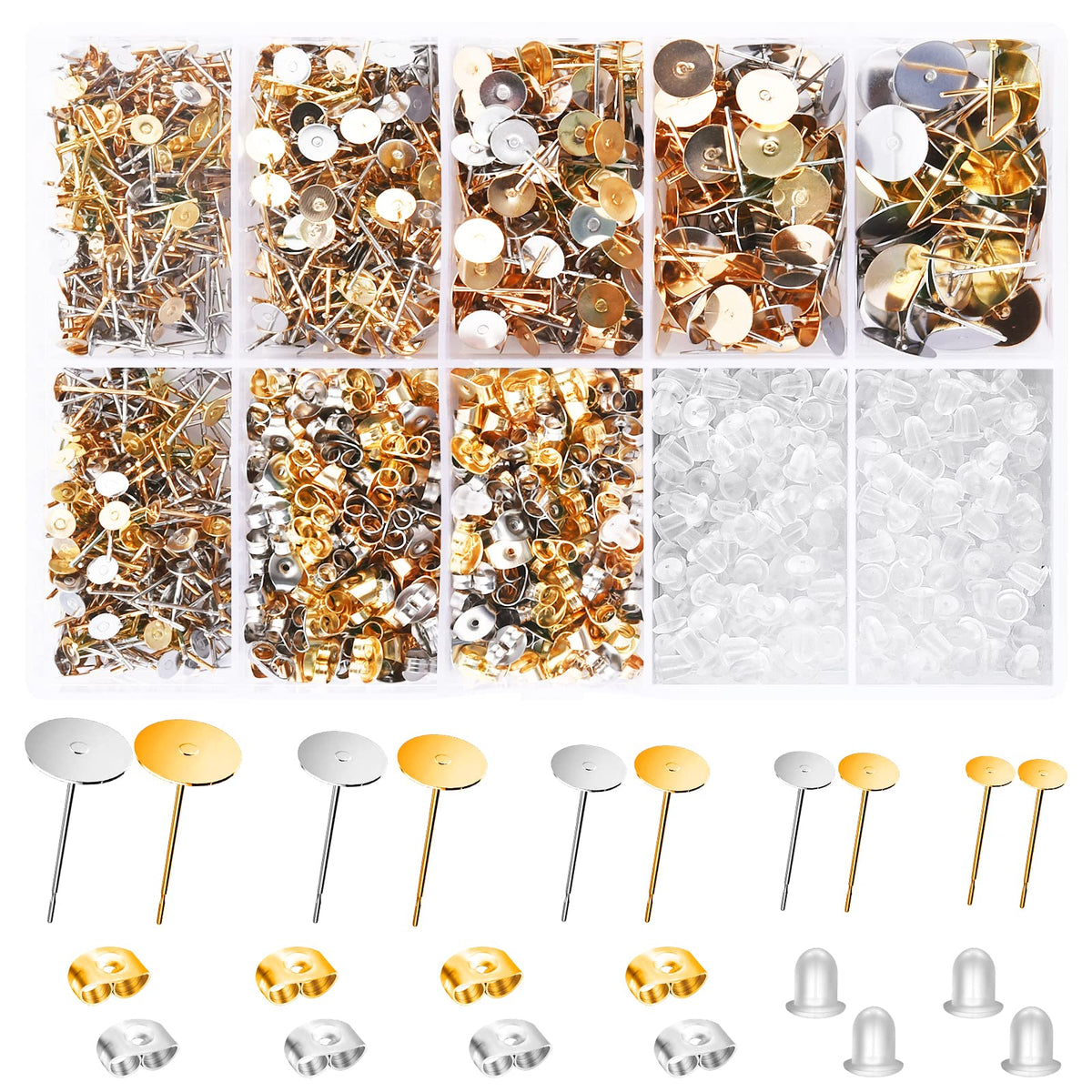 Earring Posts and Backs, 2000 Pcs Hypoallergenic Earring Studs Kit