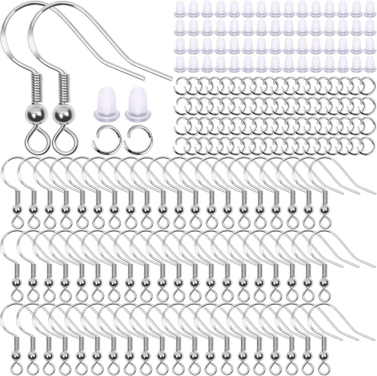 600Pcs Earring Making Kit with Hypoallergenic Hooks, Jump Rings, & Rubber Backs (Silver)
