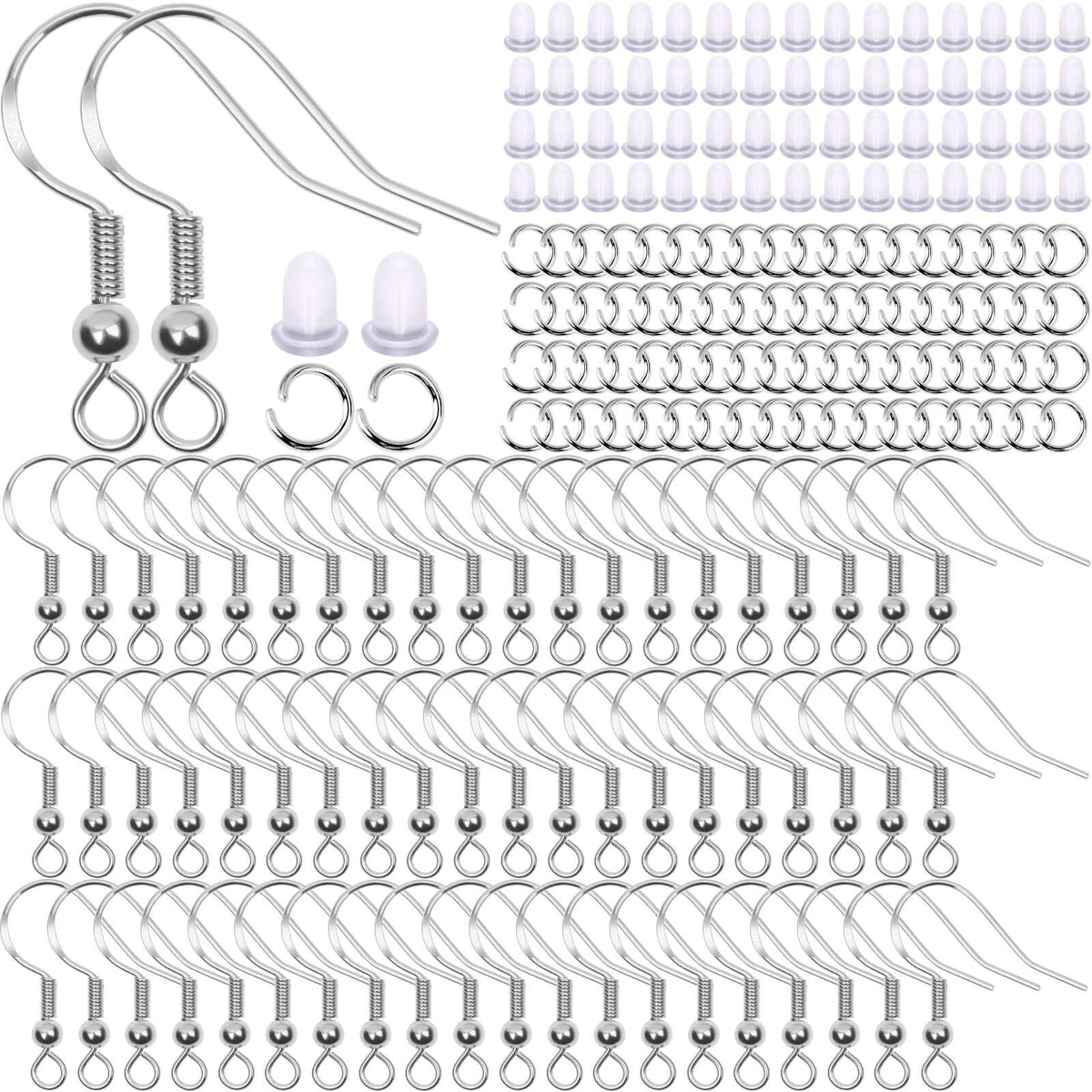 600Pcs Earring Making Kit with Hypoallergenic Hooks, Jump Rings, & Rubber Backs (Silver)
