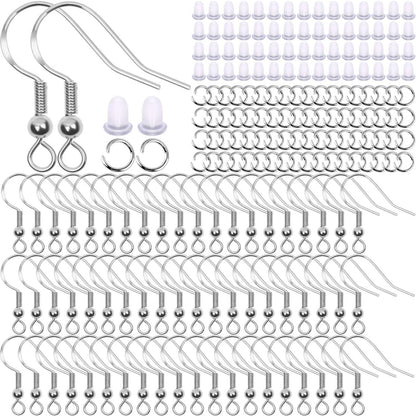 600Pcs Earring Making Kit with Hypoallergenic Hooks, Jump Rings, & Rubber Backs (Silver)