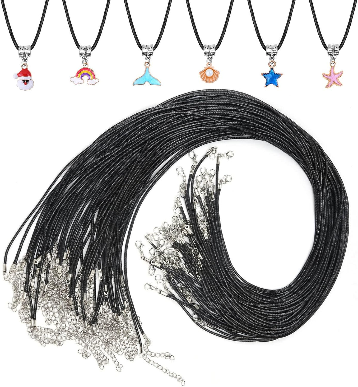 50Pcs Black Waxed Cotton Cord, 24 Inch Necklace String Rope with Clasp, Bulk for Charms, Pendants, Bracelets, Jewelry Making Supplies and Beading Supplies