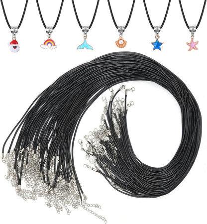 50Pcs Black Waxed Cotton Cord, 24 Inch Necklace String Rope with Clasp, Bulk for Charms, Pendants, Bracelets, Jewelry Making Supplies and Beading Supplies