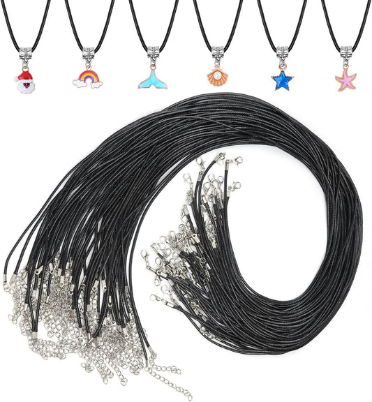 50Pcs Black Waxed Cotton Cord, 24 Inch Necklace String Rope with Clasp, Bulk for Charms, Pendants, Bracelets, Jewelry Making Supplies and Beading Supplies