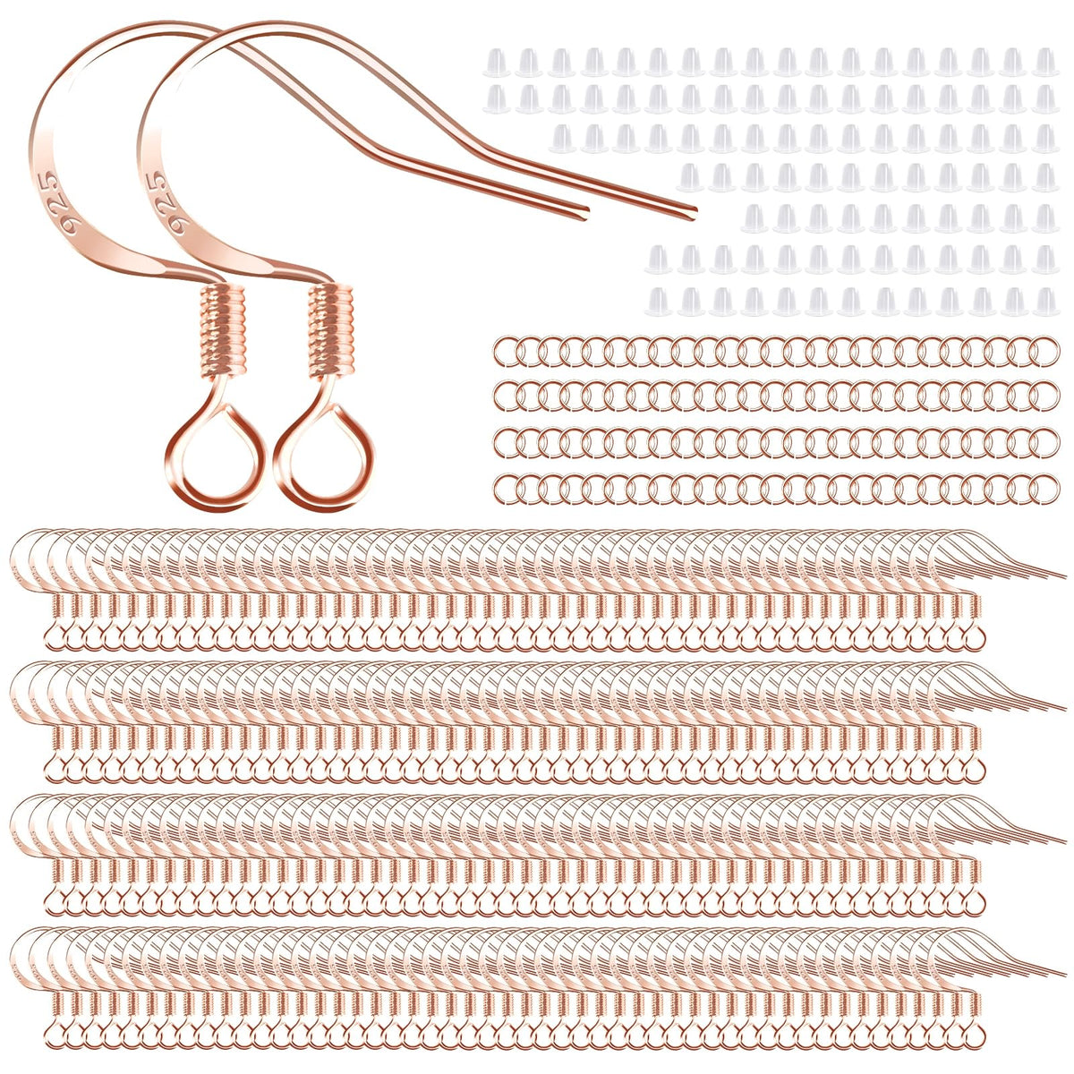 200 PCS/100 Pairs 925 Sterling Silver Plated Earring Hooks Hypoallergenic Silver Ear Wires Fish Hooks with 100 PCS Clear Silicone Earring Backs and 100 PCS Jump Rings for DIY Jewelry Making