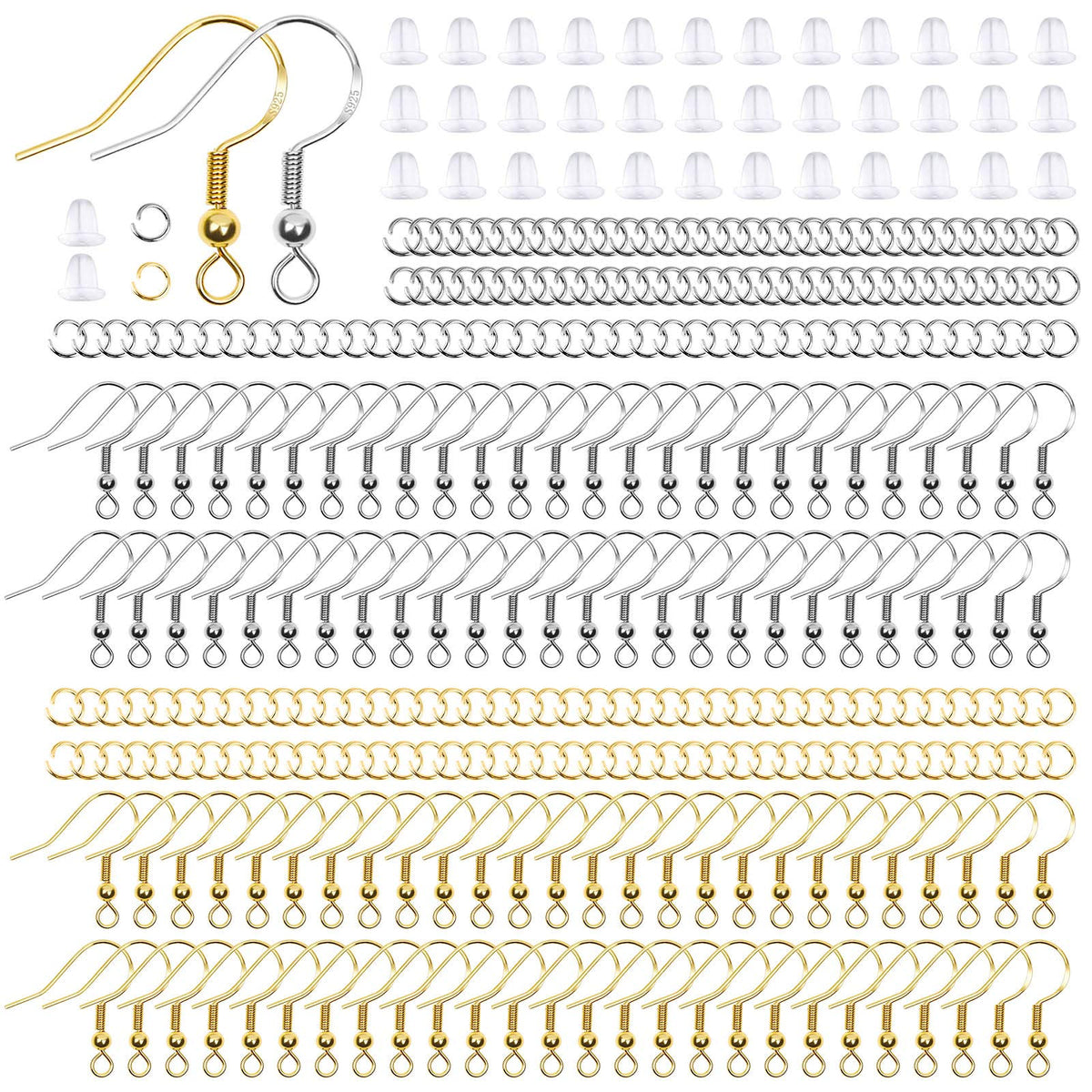 600Pcs Earring Making Kit with Hypoallergenic Hooks, Jump Rings, & Rubber Backs (Silver)