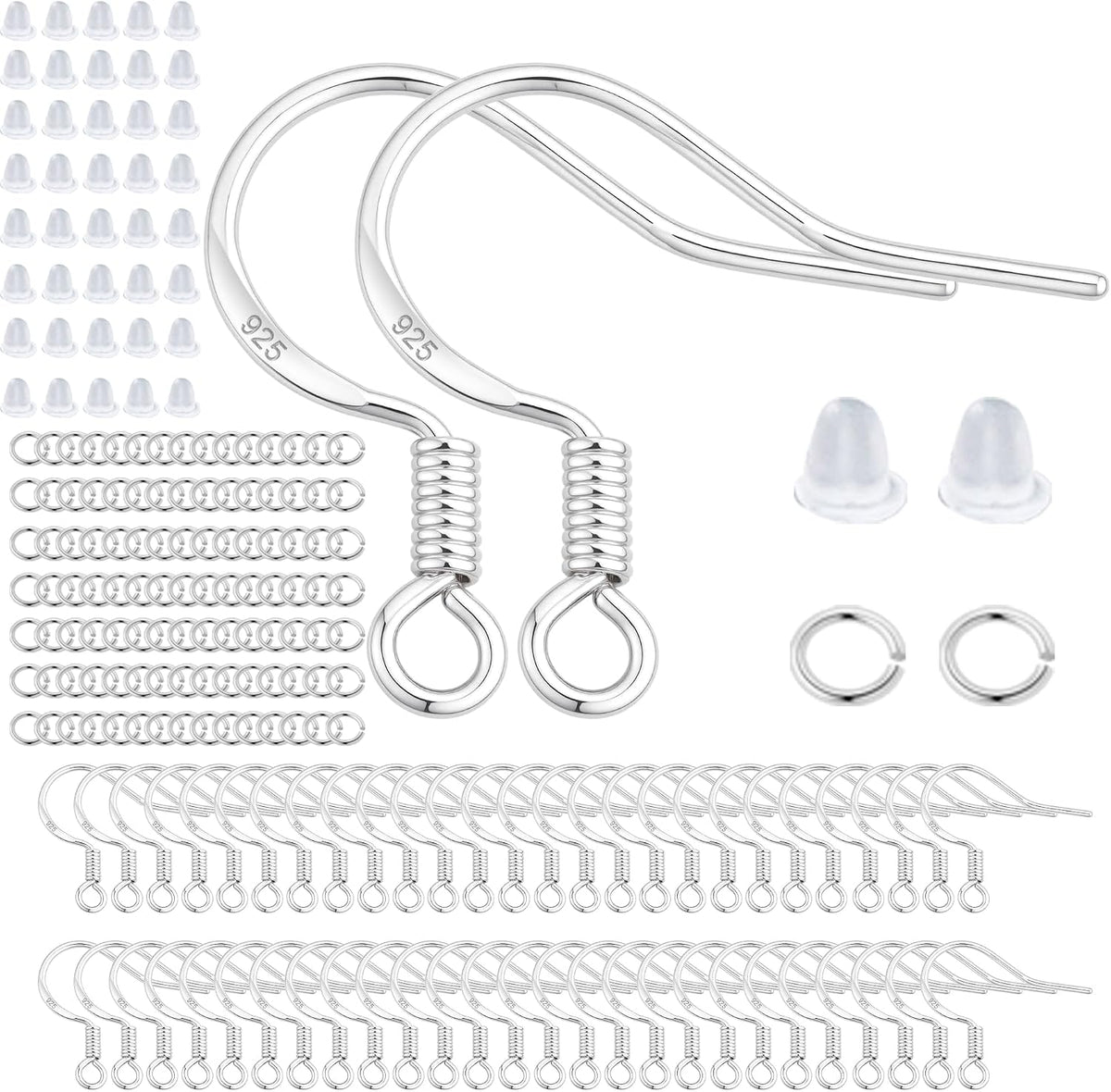 200 PCS/100 Pairs 925 Sterling Silver Plated Earring Hooks Hypoallergenic Silver Ear Wires Fish Hooks with 100 PCS Clear Silicone Earring Backs and 100 PCS Jump Rings for DIY Jewelry Making