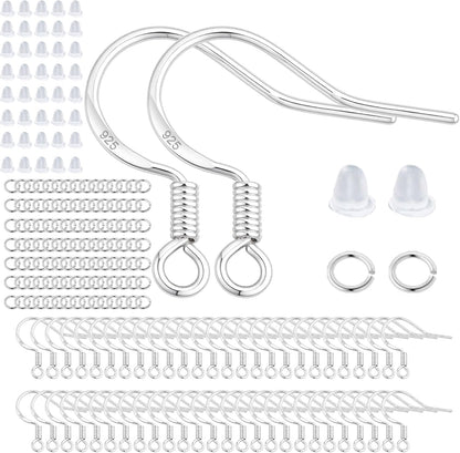 200 PCS/100 Pairs 925 Sterling Silver Plated Earring Hooks Hypoallergenic Silver Ear Wires Fish Hooks with 100 PCS Clear Silicone Earring Backs and 100 PCS Jump Rings for DIY Jewelry Making