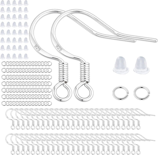 200 PCS/100 Pairs 925 Sterling Silver Plated Earring Hooks Hypoallergenic Silver Ear Wires Fish Hooks with 100 PCS Clear Silicone Earring Backs and 100 PCS Jump Rings for DIY Jewelry Making