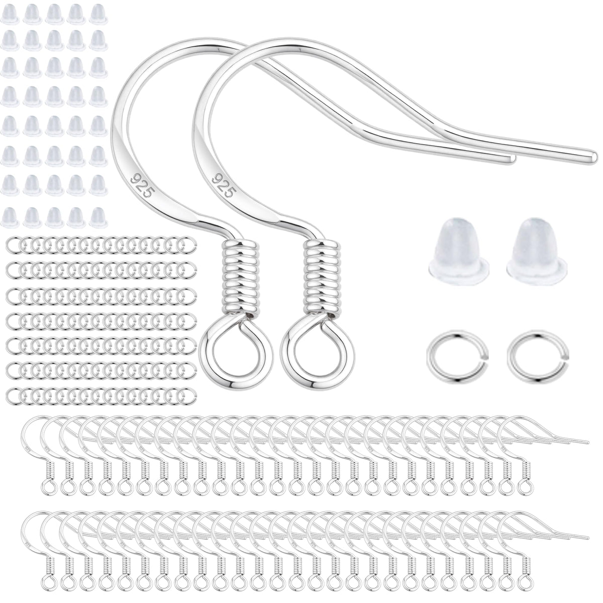 200 PCS/100 Pairs 925 Sterling Silver Plated Earring Hooks Hypoallergenic Silver Ear Wires Fish Hooks with 100 PCS Clear Silicone Earring Backs and 100 PCS Jump Rings for DIY Jewelry Making