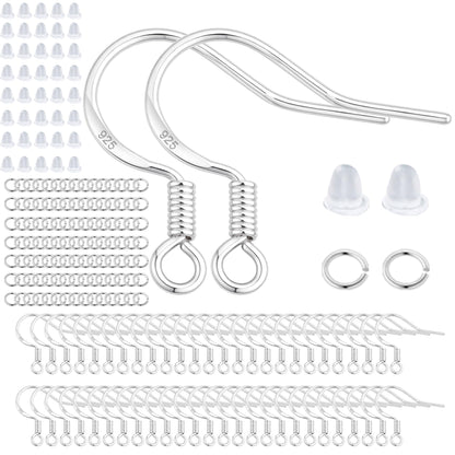 200 PCS/100 Pairs 925 Sterling Silver Plated Earring Hooks Hypoallergenic Silver Ear Wires Fish Hooks with 100 PCS Clear Silicone Earring Backs and 100 PCS Jump Rings for DIY Jewelry Making