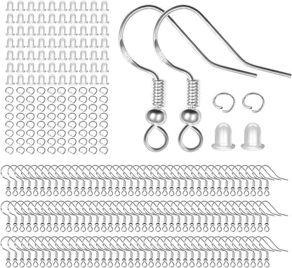 925 Sterling Silver Earring Hooks 120 PCS/60 Pairs, Ear Wires Fish Hooks, Hypo-allergenic Jewelry Findings Parts with 120 PCS Clear Silicone Earring Backs