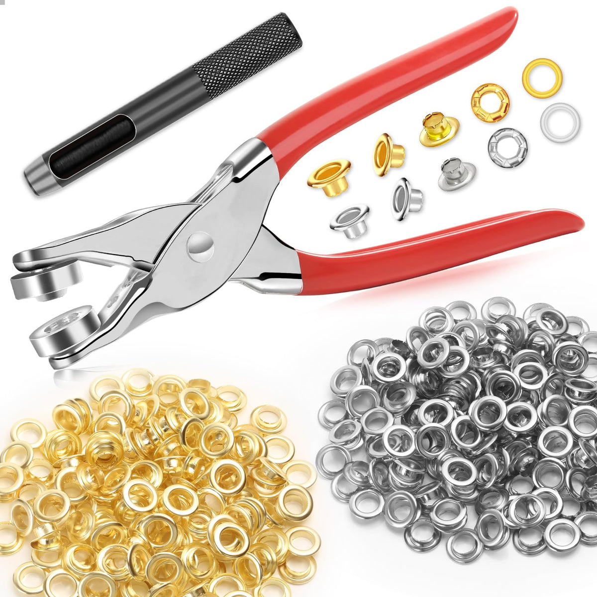 803Pcs Grommet Eyelet Pliers Kit, 1/4 Inch Grommet Tool Kit with 800 Metal Eyelets, Grommet Hand Press kit for Leather Crafts(Inside Dia: 6.4mm/Outer Dia: 12mm (A.I.S.)/Flange Width: ~3mm)