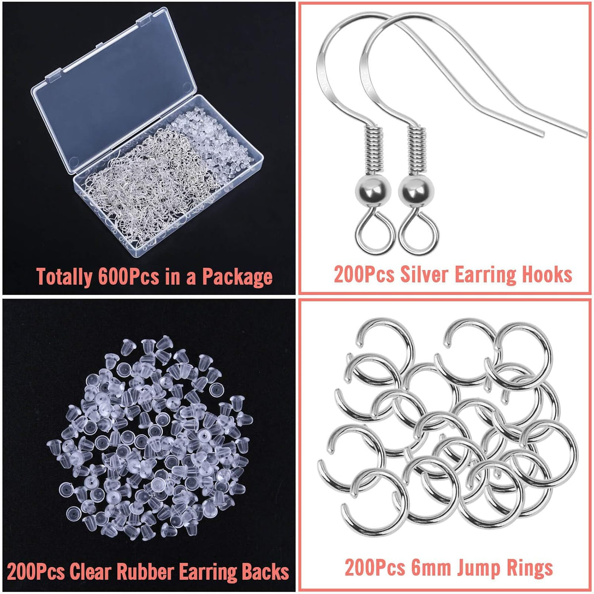 600Pcs Earring Making Kit with Hypoallergenic Hooks, Jump Rings, & Rubber Backs (Silver)