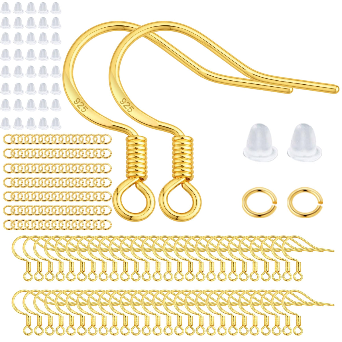 200 PCS/100 Pairs 925 Sterling Silver Plated Earring Hooks Hypoallergenic Silver Ear Wires Fish Hooks with 100 PCS Clear Silicone Earring Backs and 100 PCS Jump Rings for DIY Jewelry Making