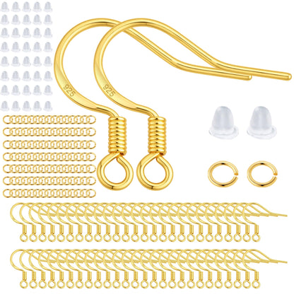 200 PCS/100 Pairs 925 Sterling Silver Plated Earring Hooks Hypoallergenic Silver Ear Wires Fish Hooks with 100 PCS Clear Silicone Earring Backs and 100 PCS Jump Rings for DIY Jewelry Making