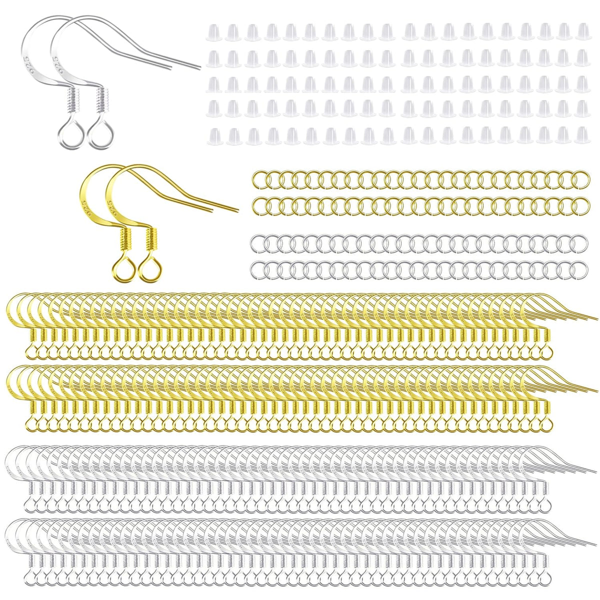 200 PCS/100 Pairs 925 Sterling Silver Plated Earring Hooks Hypoallergenic Silver Ear Wires Fish Hooks with 100 PCS Clear Silicone Earring Backs and 100 PCS Jump Rings for DIY Jewelry Making