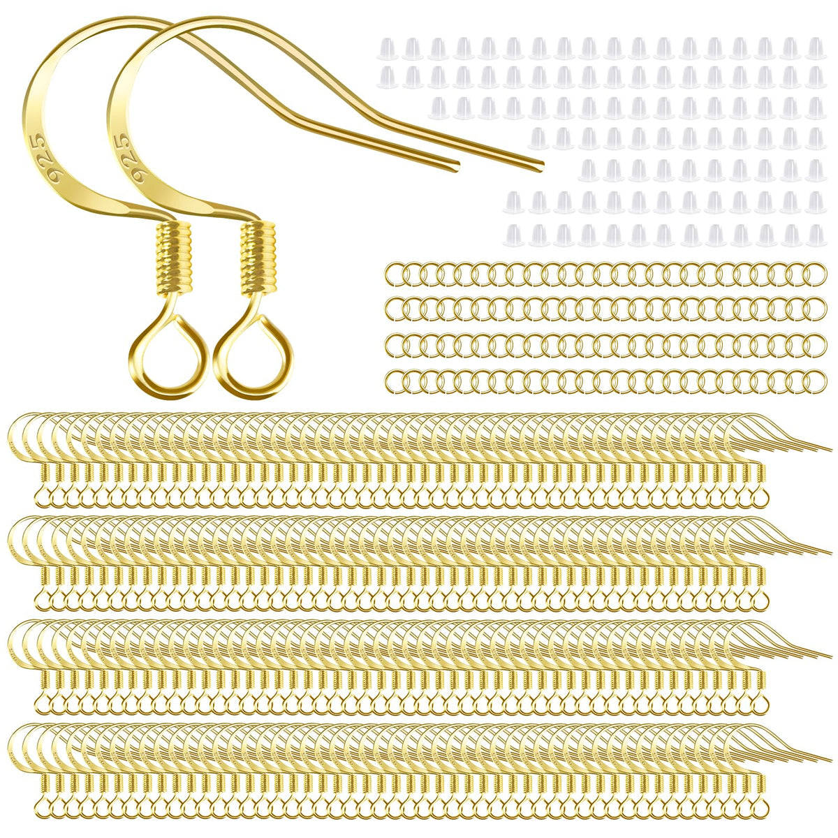 200 PCS/100 Pairs 925 Sterling Silver Plated Earring Hooks Hypoallergenic Silver Ear Wires Fish Hooks with 100 PCS Clear Silicone Earring Backs and 100 PCS Jump Rings for DIY Jewelry Making