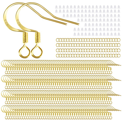 200 PCS/100 Pairs 925 Sterling Silver Plated Earring Hooks Hypoallergenic Silver Ear Wires Fish Hooks with 100 PCS Clear Silicone Earring Backs and 100 PCS Jump Rings for DIY Jewelry Making
