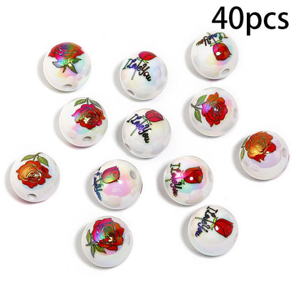 [40pcs Love ECG Beads] 40pcs UV Plated Color Acrylic Beads | Love ECG Printed DIY Beading Pen Jewelry Accessories Loose Beads
