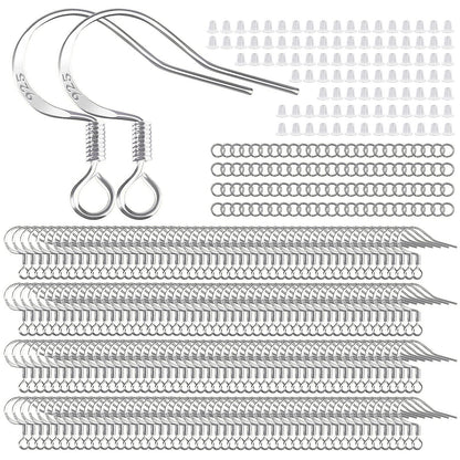 200 PCS/100 Pairs 925 Sterling Silver Plated Earring Hooks Hypoallergenic Silver Ear Wires Fish Hooks with 100 PCS Clear Silicone Earring Backs and 100 PCS Jump Rings for DIY Jewelry Making