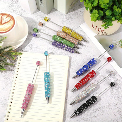 10pcs Glitter Beadable Pen Full Rhinestone Plastic Bead Ballpoint Pen Multicolor Fun Bling Retractable Beaded Writing Pen for DIY Craft Office Supplies