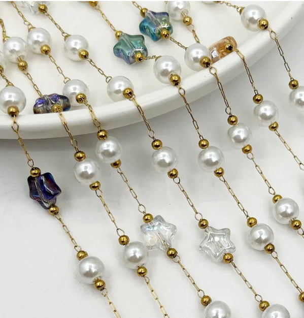 E250 Gold Plated Stainless Steel Permanent Chain Colorful Crystal Star Stone Chain Pearl Beads Chains for Diy