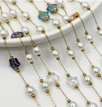 E250 Gold Plated Stainless Steel Permanent Chain Colorful Crystal Star Stone Chain Pearl Beads Chains for Diy