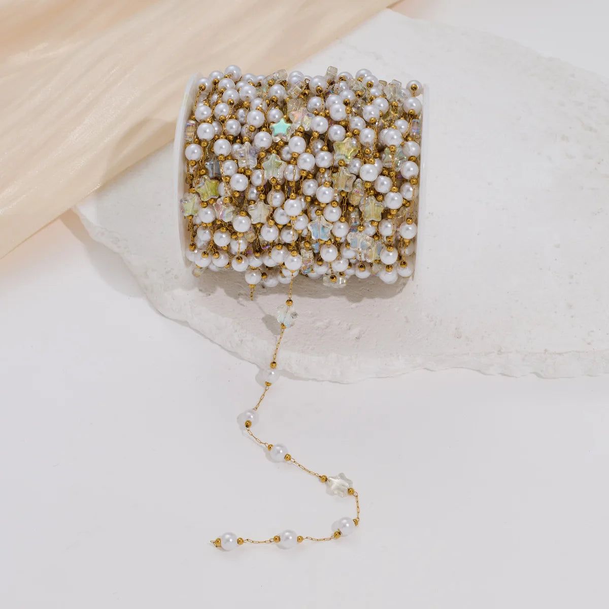 E250 Gold Plated Stainless Steel Permanent Chain Colorful Crystal Star Stone Chain Pearl Beads Chains for Diy