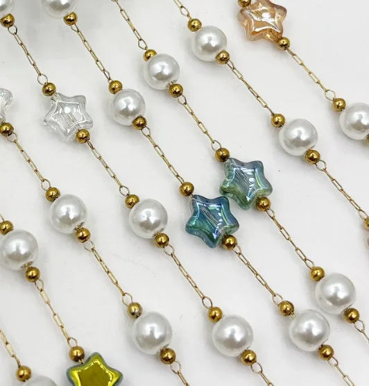 E250 Gold Plated Stainless Steel Permanent Chain Colorful Crystal Star Stone Chain Pearl Beads Chains for Diy