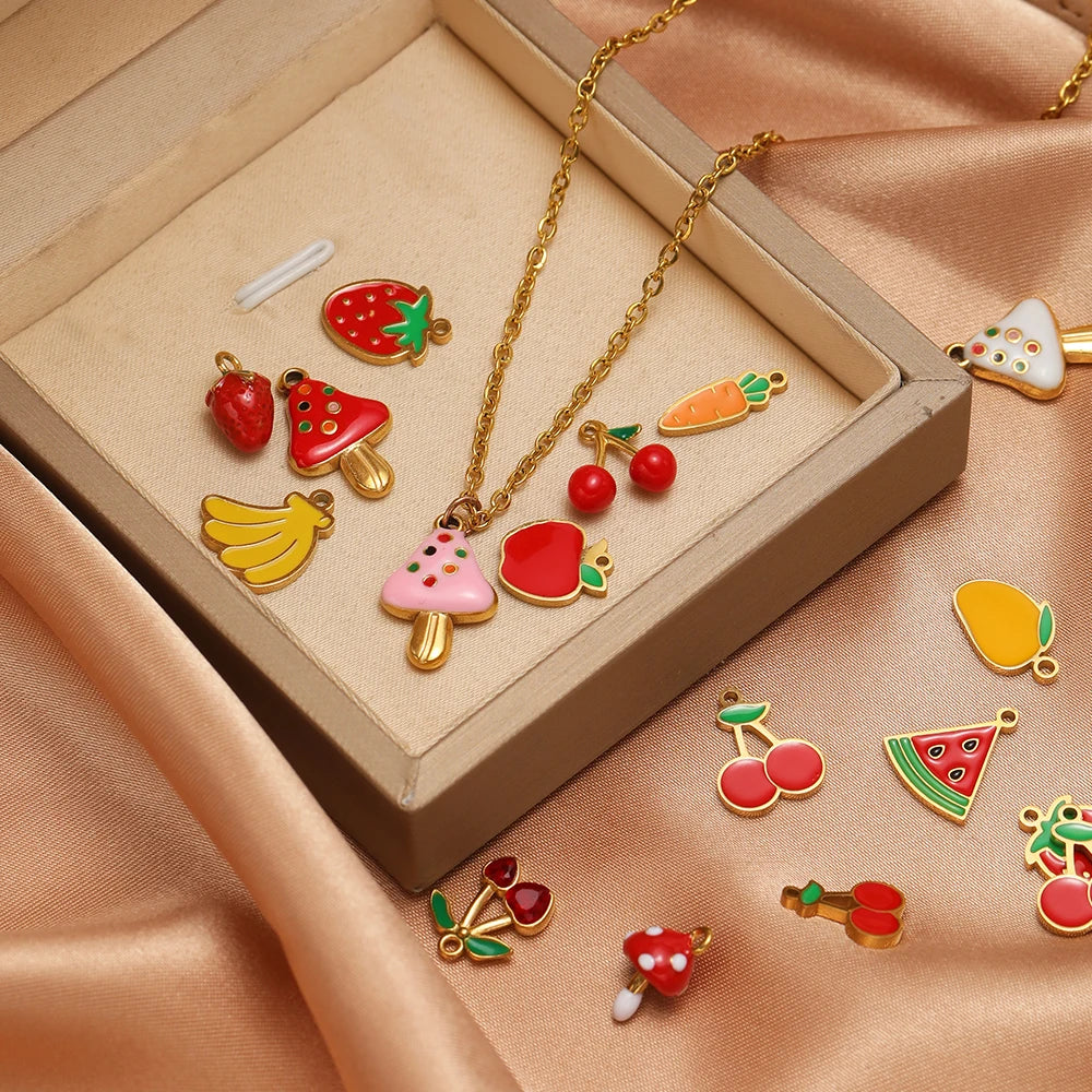 Colorful Fruits Pendant 18k Gold Plated Stainless Steel Strawberry Bananas Cherry Mushroom Charm Pendant for DIY Jewelry Making