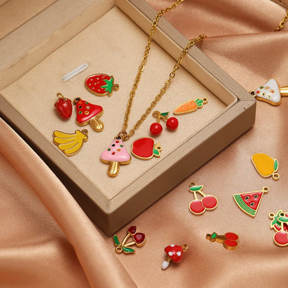 Colorful Fruits Pendant 18k Gold Plated Stainless Steel Strawberry Bananas Cherry Mushroom Charm Pendant for DIY Jewelry Making