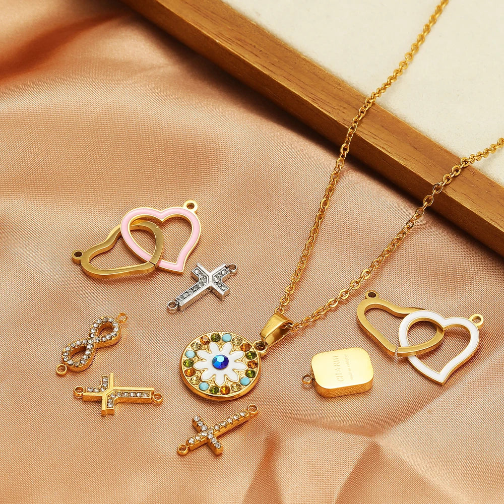 Double Heart Charm Stainless Steel Gold Plated Zircon Heart Cross Charm Pendant for DIY Jewelry Making Accessories Findings