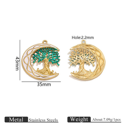 Norse Mythology World Tree Celtic Knot Stainless Steel Gold Plated Enamel Moon Tree of Life Charm Pendant for Jewelry Making