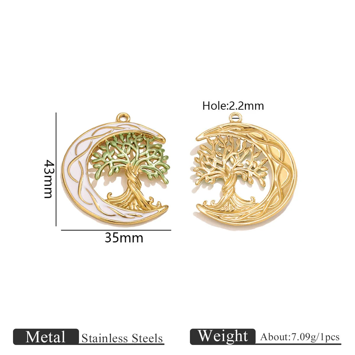 Norse Mythology World Tree Celtic Knot Stainless Steel Gold Plated Enamel Moon Tree of Life Charm Pendant for Jewelry Making