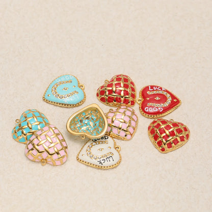 Colorful Enamel Heart Charms with Golden Weave Pattern, Good Luck Lucky Heart Pendant with Rhinestone for DIY Jewelry Making
